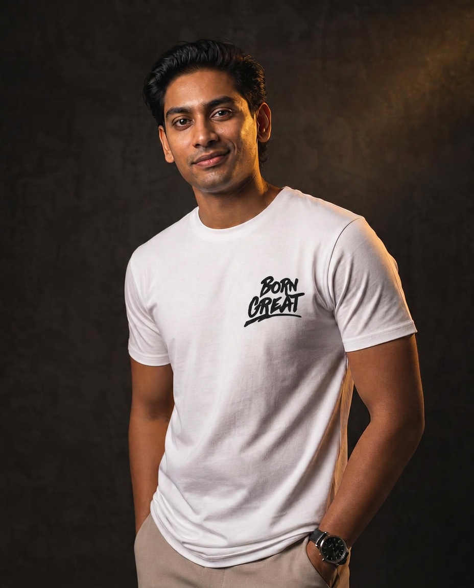 Young South Indian South African man in a Born Great tee